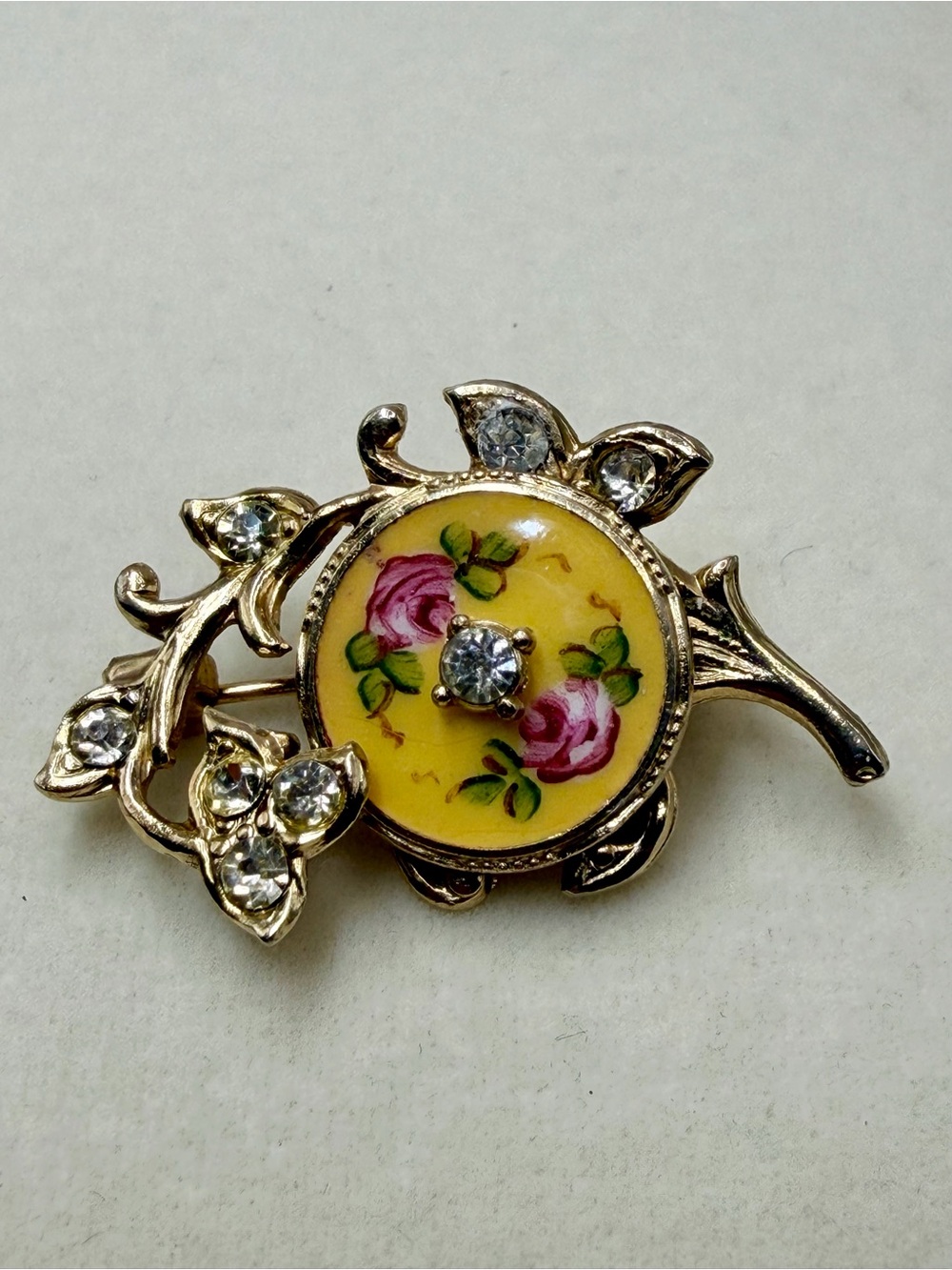Vintage Yellow Floral Rose Cabochon Brooch Pin with Clear Rhinestones